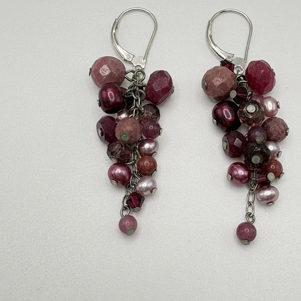 Sterling Silver Pierced Earrings Cha Cha Rhodonite Pearl Pink Dangle 925